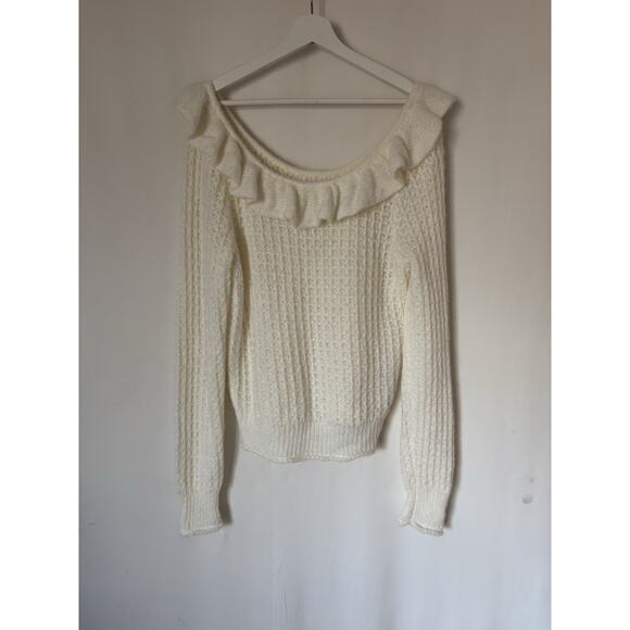 Anthropologie Sweater Large Womens Knit Cream Ruffle Open Knit - Picture 1 of 13